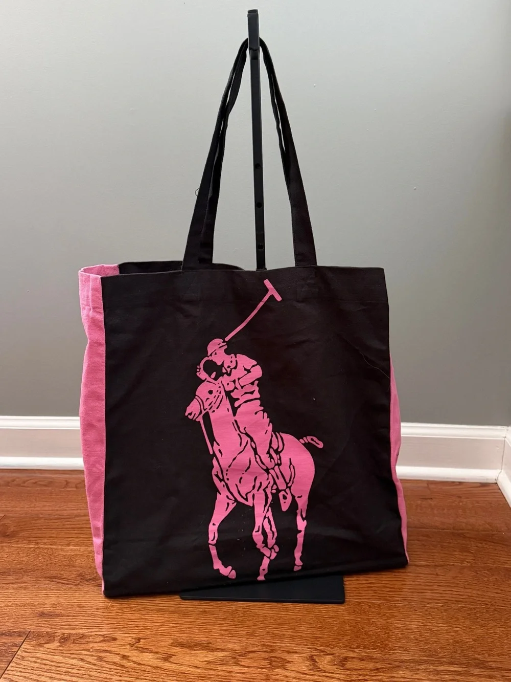 Polo Ralph Lauren Black and Pink Polo Player Canvas Tote Bag